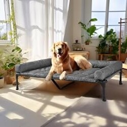 Veehoo Outdoor Elevated Dog Bed with Waterproof Bolster Cushion, Cooling | Raised Dog Bed with Removable & Washable Mat Topper, Breathable Mesh, Dog Couch Cot for Indoor Outdoor, 49", Large, Melange