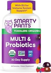 SmartyPants Organic Toddler Multivitamin Gummies: Probiotics, Omega 3 (ALA), Beta Carotene, Vitamin B12, B6, A, K & Zinc, Beta Carotene, Gluten Free, Three Fruit Flavors, 60 Count (30 Day Supply)