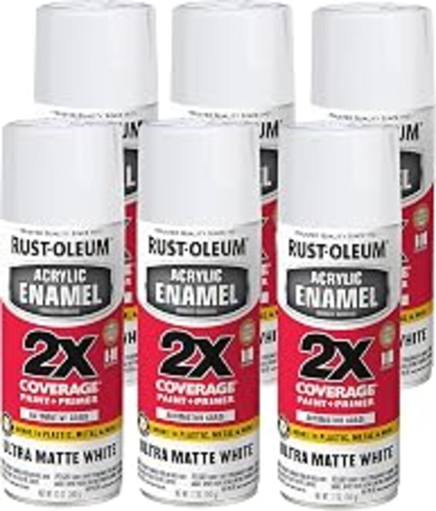 Rust-Oleum Acrylic Enamel 2X Spray Paint, Ultra Matte White | 2X Coverage | Paint & Primer | Bonds to Metal, Plastic & Wood | Any-Angle Spray | Fast Dry | 6 Pack