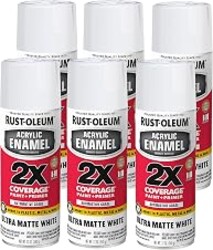 Rust-Oleum Acrylic Enamel 2X Spray Paint, Ultra Matte White | 2X Coverage | Paint & Primer | Bonds to Metal, Plastic & Wood | Any-Angle Spray | Fast Dry | 6 Pack