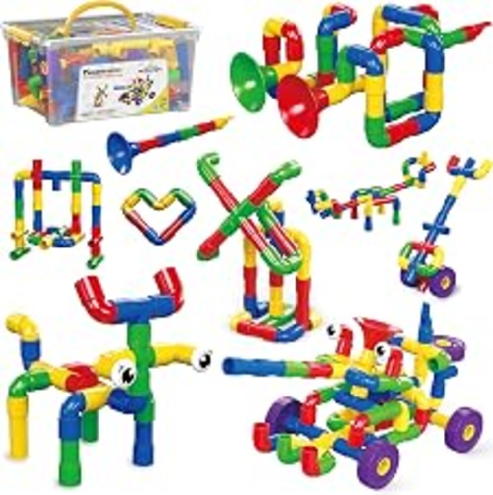 PicassoTiles PTT136 136pcs Tubular Pipes & Spout STEAM Interlocking Educational Building Block Set, Tube Locks, Pipeworks Construction Blocks w/Storage Container Box, Idea Book, Flute Musical Kit | 7 tube styles, easy-connect joints, idea guide, storage container, open-ended designs, color recognition, solo or group games