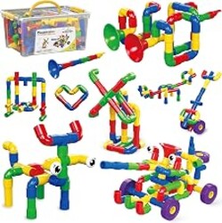 PicassoTiles PTT136 136pcs Tubular Pipes & Spout STEAM Interlocking Educational Building Block Set, Tube Locks, Pipeworks Construction Blocks w/Storage Container Box, Idea Book, Flute Musical Kit | 7 tube styles, easy-connect joints, idea guide, storage container, open-ended designs, color recognition, solo or group games