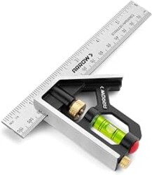 Arrow Combination Square, 6-Inch Combo Square with Bubble Level | Stainless Steel Ruler, Zinc Alloy Body, Carpenter Tool, Craftsmen, Woodworking, Household Repairs, DIY