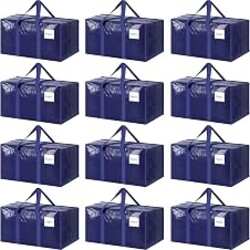12 Pack Extra Heavy Duty Large Moving Bags with Strong Zipper, Dark Blue | Comfortable Handles, Sturdy & Durable Clothes Storage Bags Totes Bins, Blue Packing Moving Boxes for College Supplies