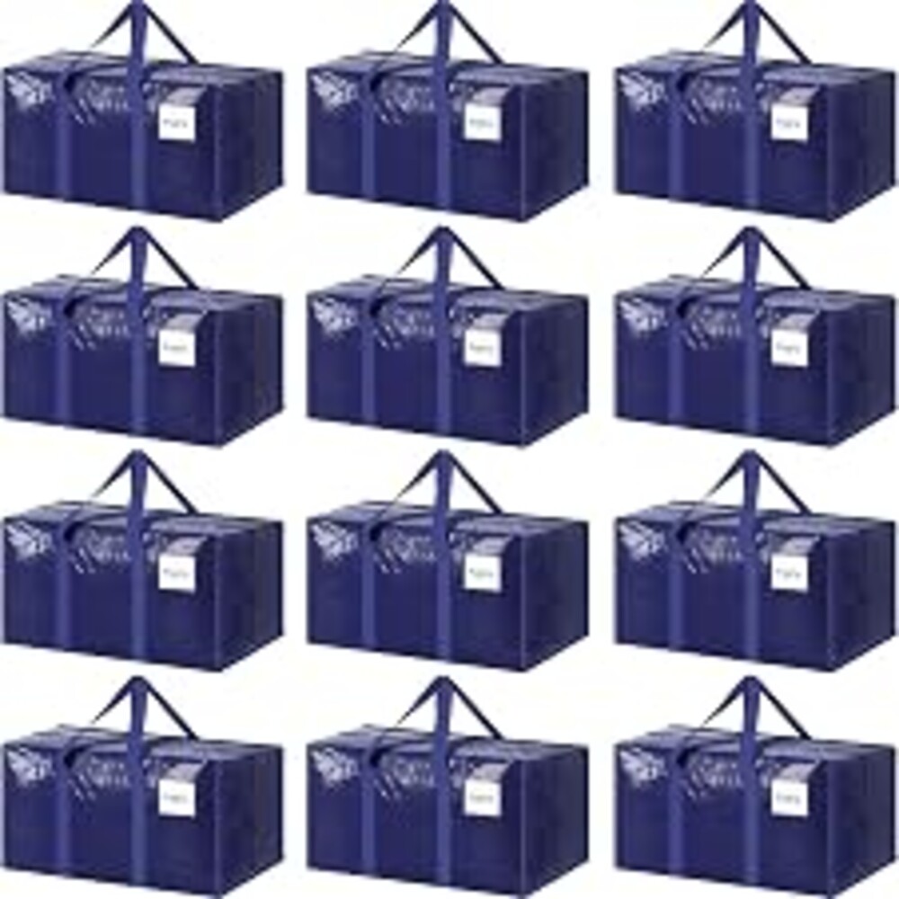 12 Pack Extra Heavy Duty Large Moving Bags with Strong Zipper, Dark Blue | Comfortable Handles, Sturdy & Durable Clothes Storage Bags Totes Bins, Blue Packing Moving Boxes for College Supplies