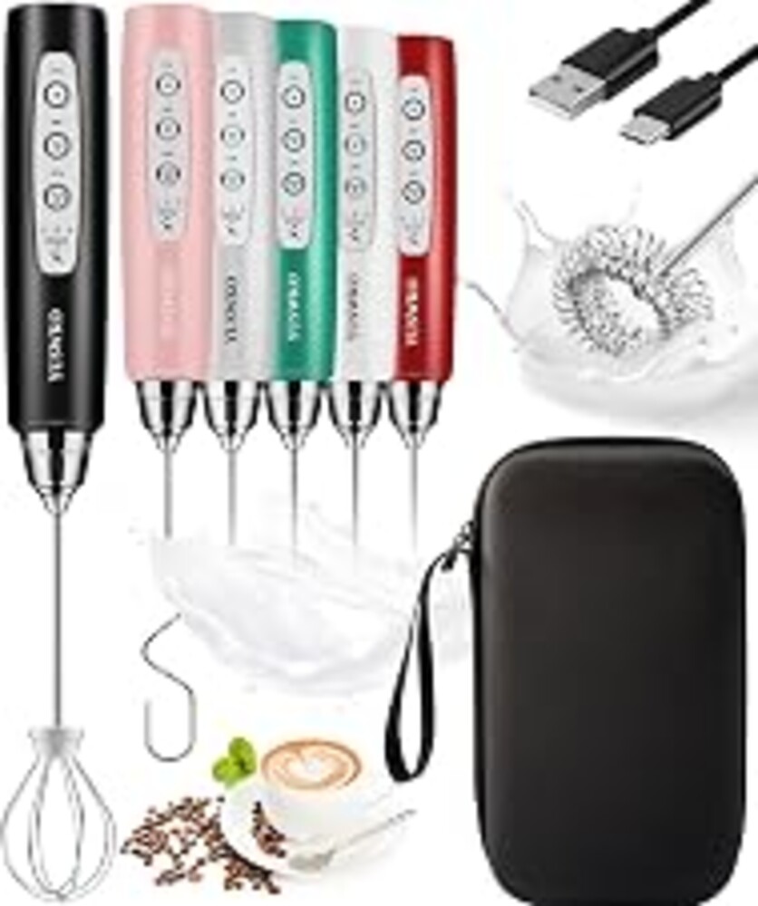 YUSWKO Black Rechargeable Milk Frother Handheld Frother Wand Drink Mixer for Coffee, Electric Whisk 3 Speed Adjustable, Coffee Foamer Maker with 3 Stainless Whisks Ideal Stirrers for Travel | Drink Mixer Wand Coffee Frother Handheld With 3 Heads 3 Speeds For Latte, Cappuccino, Hot Chocolate, Egg, No Stand, Black Bag