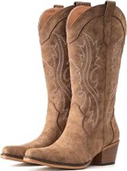 IUV Cowboy Boots For Women Western Cowgirl Boots Mid Calf Snip Toe | Chunky Heel Ideal for low insteps