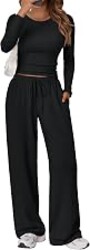 Trendy Queen Women's 2 Piece 2026 Fall Fashion Lounge Set with Pockets | Airport Outfit, Athleisure Workout Set, Fall Wardrobe Staple, Winter Style, Side-Ruched Top, Drawstring Wide-Leg Pants