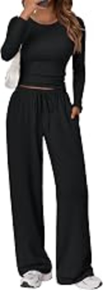 Trendy Queen Women's 2 Piece 2026 Fall Fashion Lounge Set with Pockets | Airport Outfit, Athleisure Workout Set, Fall Wardrobe Staple, Winter Style, Side-Ruched Top, Drawstring Wide-Leg Pants