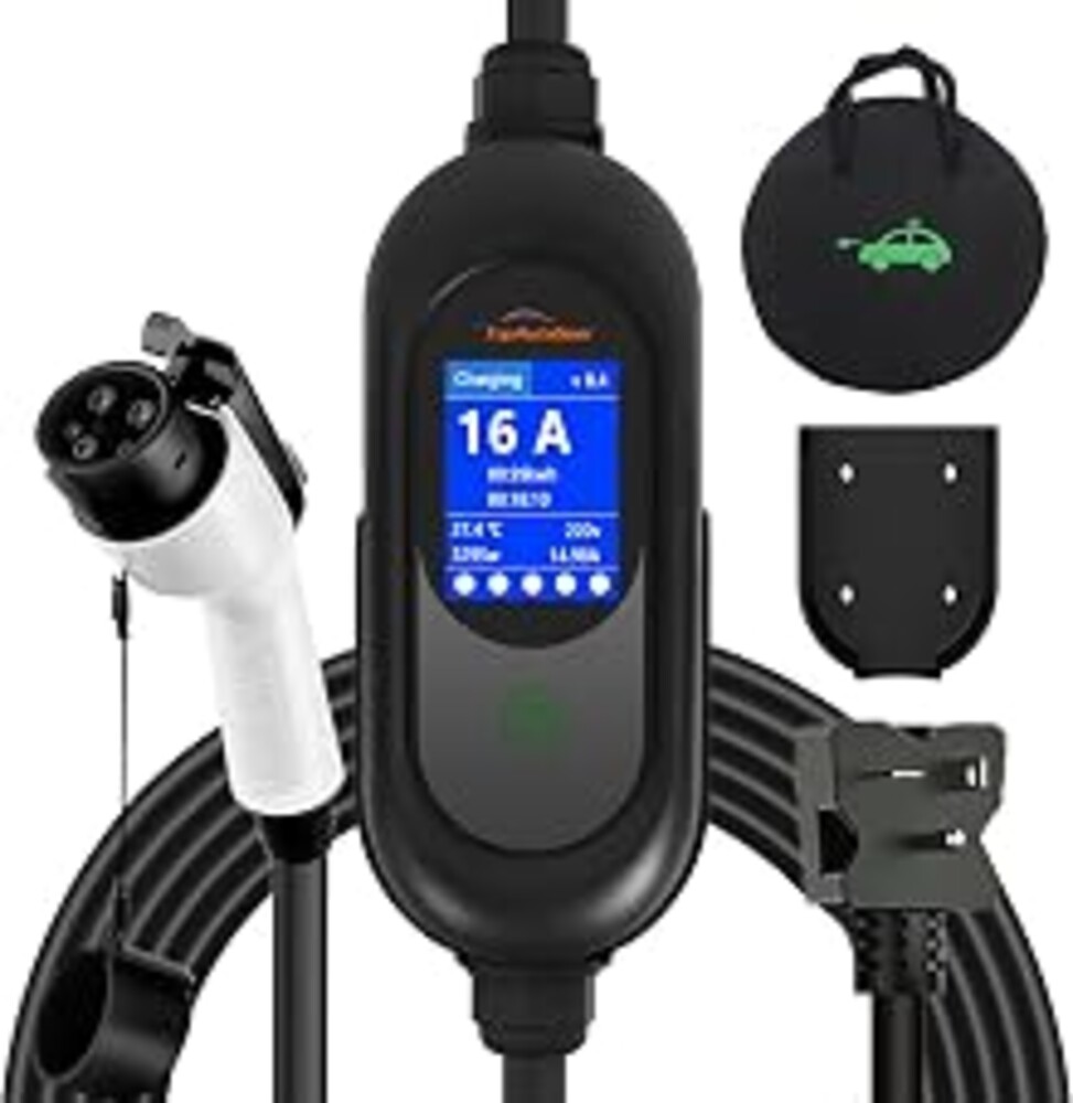 TopAutoGear Portable EV Charger 16A Level 1&2, 110V-240V Electric Vehicle Charger with LCD Display, 17FT Cable SAE J1772 Compatible, IP54 Waterproof, 5 Year Warranty for Home & Outdoor Use