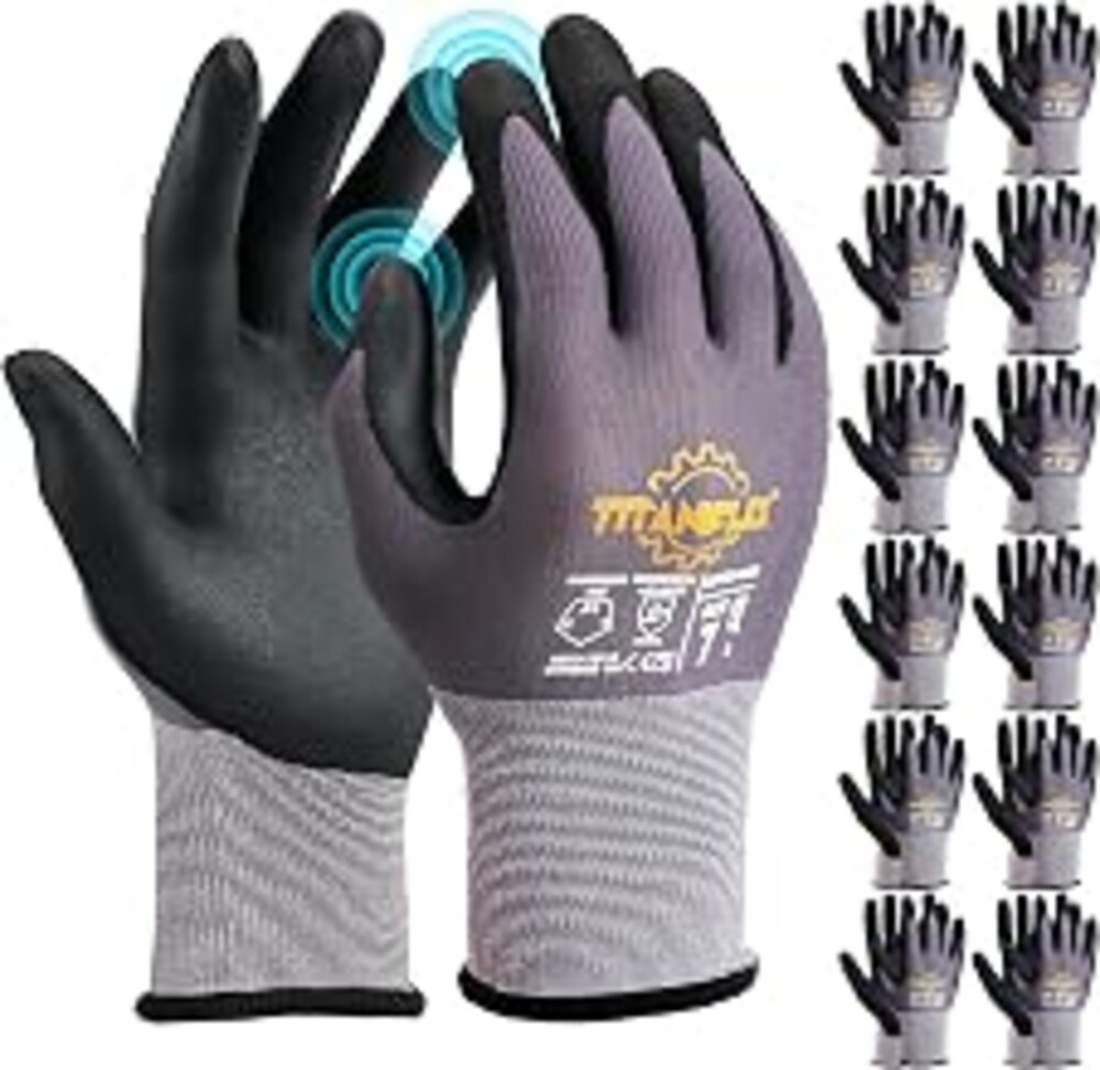 TitanFlex Work Gloves, MicroFoam Nitrile Coated, Seamless Knit Nylon | Warehouse Safety Work Gloves for Men Women, Heavy Duty Grip, Touchscreen, for Gardening and Construction, 12 Pairs Medium