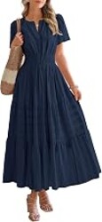 BTFBM Womens Summer 2026 Casual Maxi Dresses | Lightweight Short Sleeve V Neck,Elastic Waist A Line Long Dress,Boho Beach Dress Pockets,Vacation Outfits,Fashion Clothing