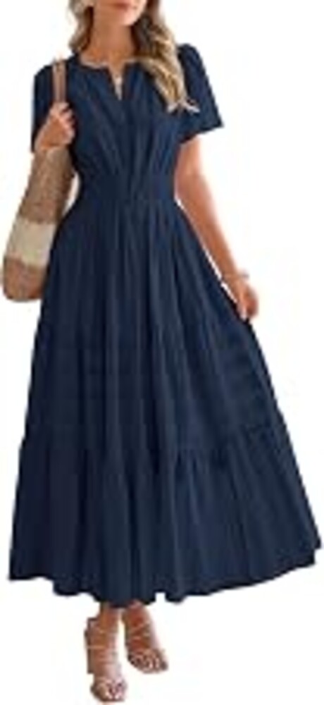 BTFBM Womens Summer 2026 Casual Maxi Dresses | Lightweight Short Sleeve V Neck,Elastic Waist A Line Long Dress,Boho Beach Dress Pockets,Vacation Outfits,Fashion Clothing