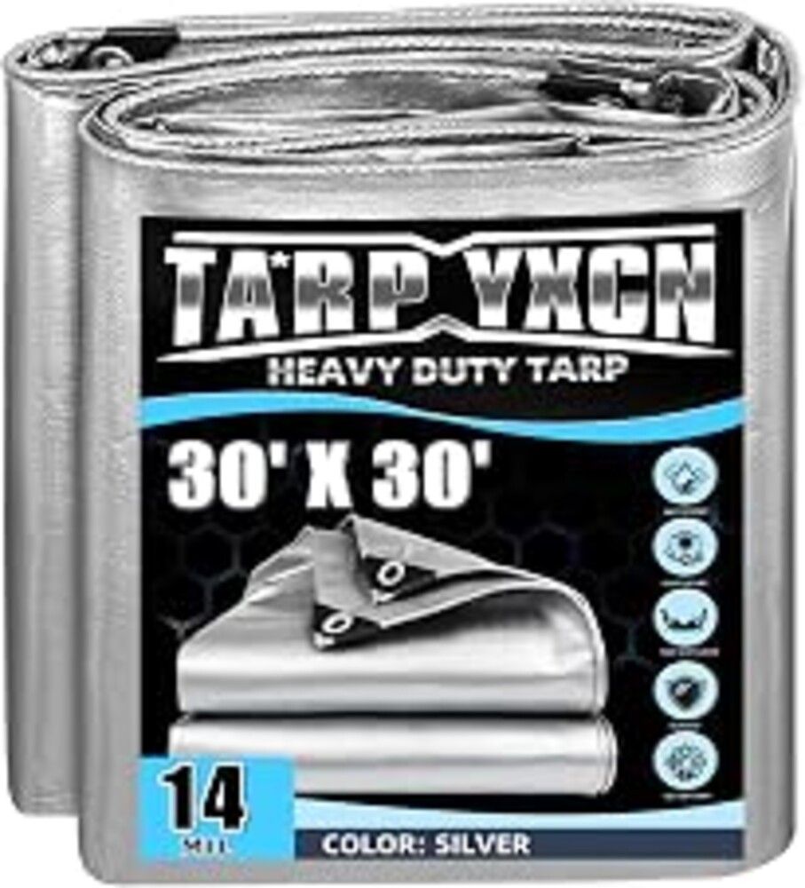 Heavy Duty Tarp 30x30 Feet, 14 Mil Waterproof Poly Tarps Cover UV Resistant, Rip & Tear Proof with Metal Grommets Every 20 Inches Silver Tarp by TA*RP YXCN