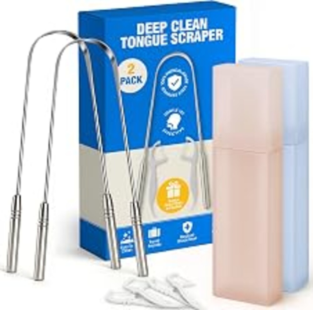 Stainless Tongue Scraper Set for Adults： Easy To Use For Oral Care and Hygiene – Pack Of 2 Stainless Steel Tongue Cleaners, 2 Travel Cases, 4 Floss Picks – Cleaning for Tongue Care & Fresh Breath