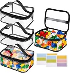 4 Pack Clear Toy Storage Bags, PVC Waterproof Toy Organizer, Black | Waterproof PVC, Transparent View, Reusable Zip Bags, Label Tags, for Blocks, Puzzles, Board Games, Travel and Home Storage