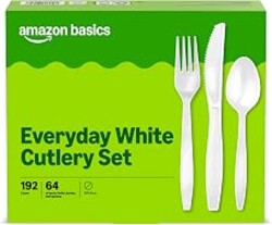 Amazon Basics Disposable Everyday White Assorted Cutlery Set, 192 Count, Combo Pack, Forks, Spoons, and Knives