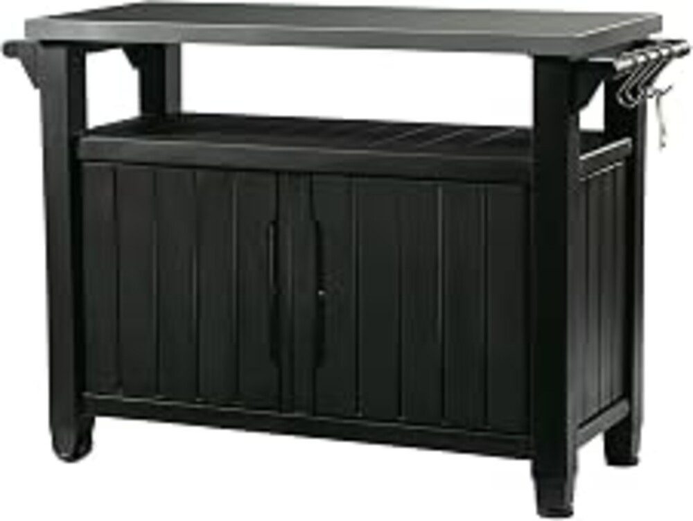 Keter Unity XL Portable Outdoor Table with Stainless Steel Top for Kitchen Prep and Outdoor Storage Cabinet for Grilling Accessories, Dark Grey