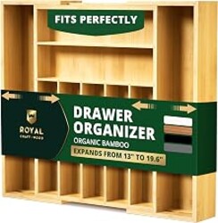 ROYAL CRAFT WOOD Luxury Bamboo Kitchen Drawer Organizer - Silverware Organizer, Utensil Holder & Cutlery Tray Drawer Dividers for Flatware (9 Slot, Natural)