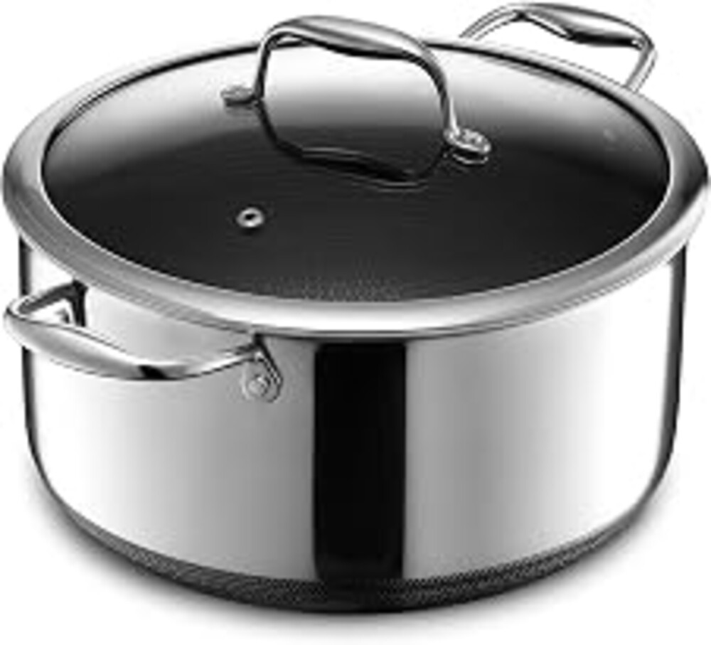 HexClad 8QT Hybrid Nonstick Braiser Stock Pot with Lid, Induction Ready | Stay-Cool Handles, Dishwasher and Oven Safe up to 900°F, Compatible with All Cooktops