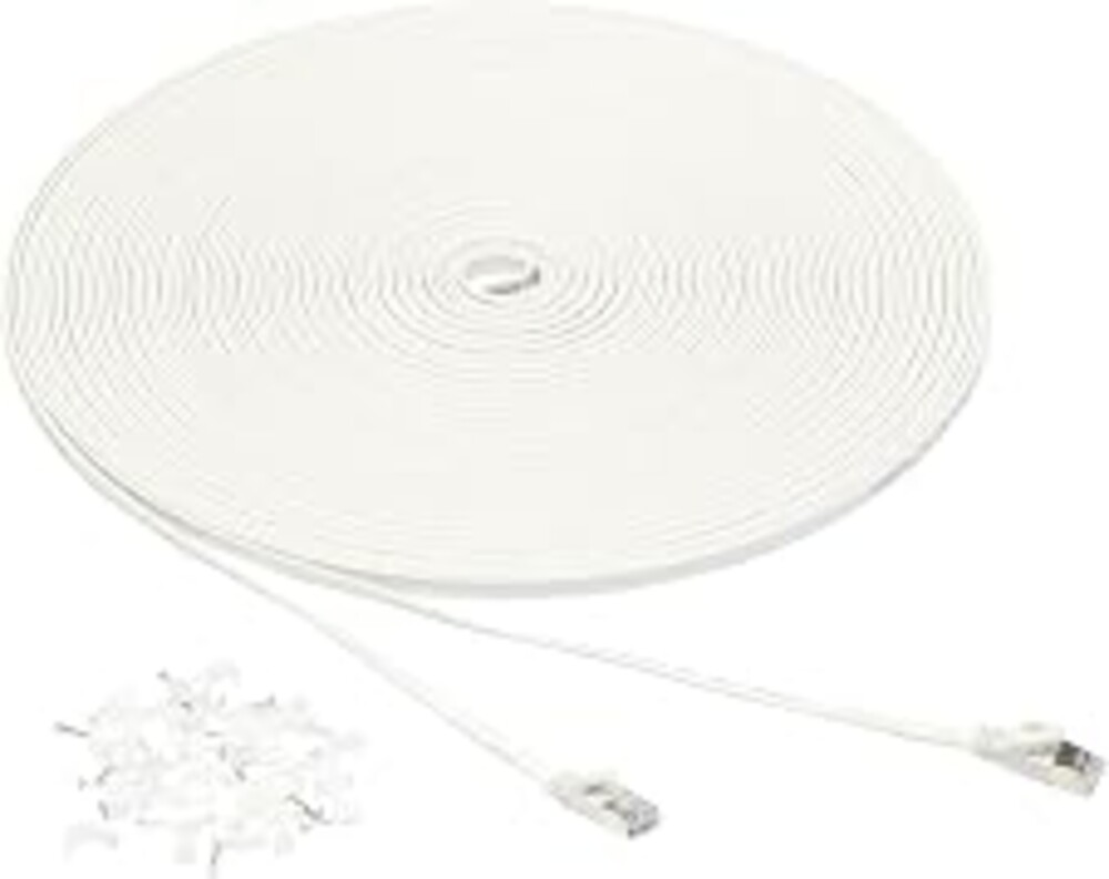 Amazon Basics RJ45 Cat 7 Ethernet Patch Cable, Flat, 600MHz, Snagless, Includes 25 Nails, 100 Foot, White