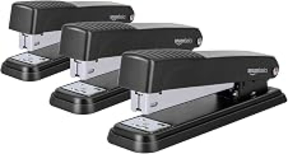 Amazon Basics Full-Strip Metal Office Desktop Stapler, 20 Sheet Capacity, Non-Slip, Black, 3-Pack