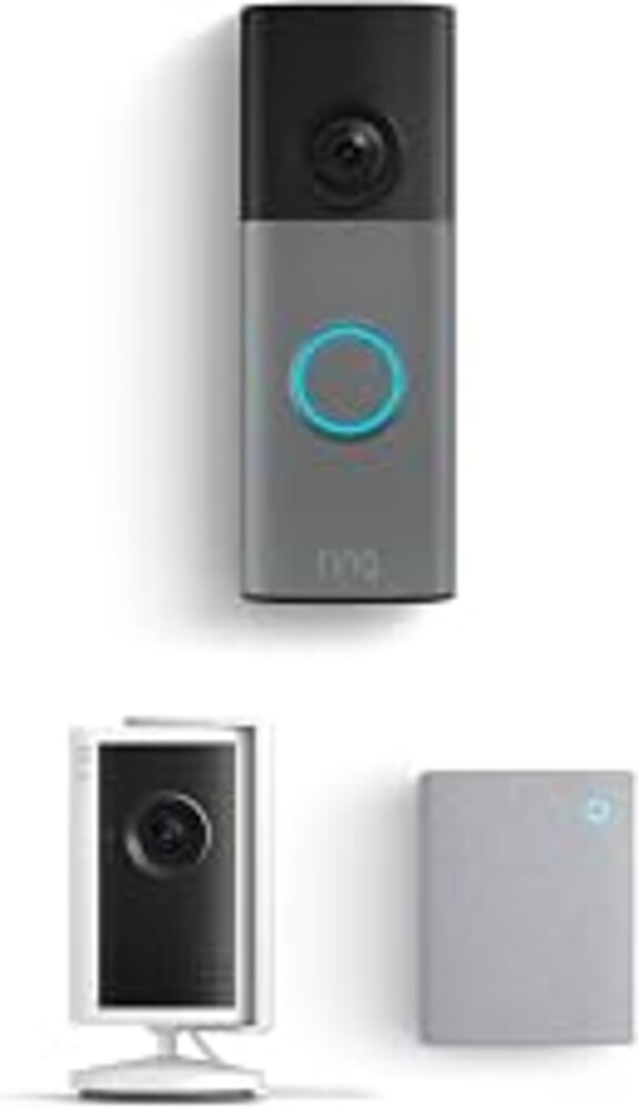Ring Battery Doorbell (newest model), Speckled Gray with Indoor Cam Plus, White and Chime (newest model)