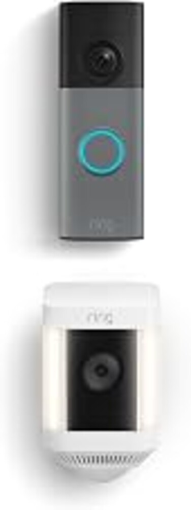 Ring Battery Doorbell (newest model), Speckled Gray with Ring Spotlight Cam Plus, Battery, White