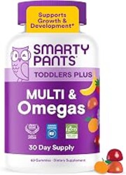 SmartyPants Toddler Multivitamin Gummies, Omega 3 (DHA/EPA), Vitamins D3, C, Vitamin B12, B6, A, K & Zinc, Biotin, Gluten Free, Three Fruit Flavors, 60 Count (30 Day Supply)