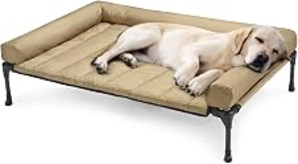 Veehoo Outdoor Elevated Dog Bed with Waterproof Bolster Cushion, Cooling | Raised Dog Bed with Removable & Washable Mat Topper, Breathable Mesh, Dog Couch Cot for Indoor Outdoor, 42", Large, Beige