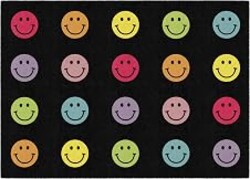 Flagship Carpets Rainbow Smileys in Black Criss-Cross Applesauce Educational Area Rug for Kids Room, Children's Classroom for Teaching and Playroom, 5' x 7'6", Black & Multi, Seats 20
