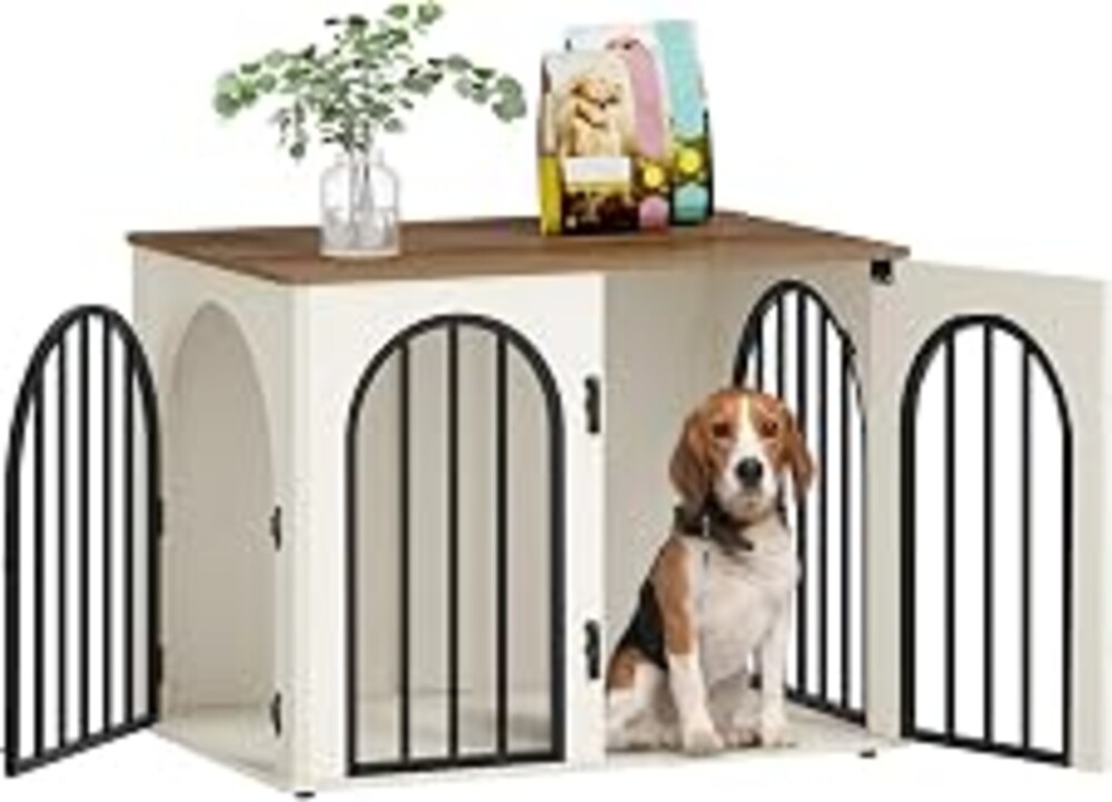 Hzuaneri 31.5'' Dog Crate Furniture,Dog Kennel Indoor for Small/Medium Dogs | Dog Kennel Furniture Wooden Dog Cage Heavy Duty Dog Crate Decorative Pet House End Side Table TV Stand,White Brown DFC85114B