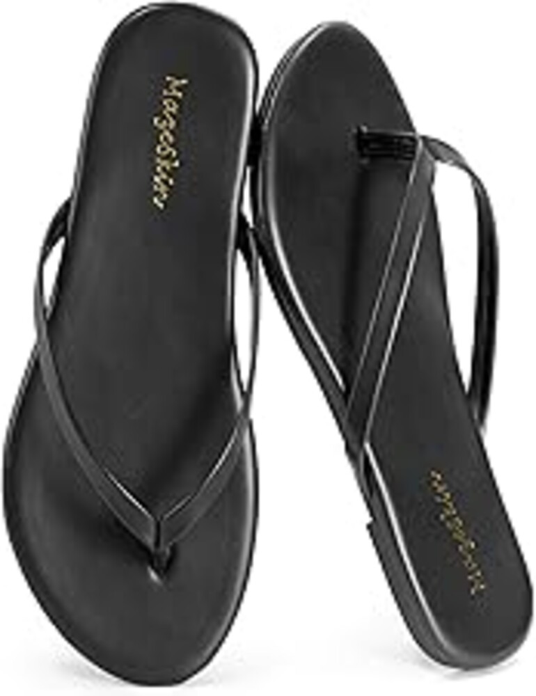 mazeskin Womens Memory Foam Flip Flops Flat Thong Sandals | Soft Vegan Leather Comfortable Cushioned Casual Dressy Beach Summer Minimalist Slim Slide Shoes Indoor Outdoor