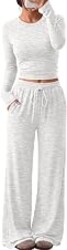 Trendy Queen Women's 2 Piece 2026 Fall Fashion Lounge Set with Pockets | Airport Outfit, Athleisure Workout Set, Fall Wardrobe Staple, Winter Style, Side-Ruched Top, Drawstring Wide-Leg Pants