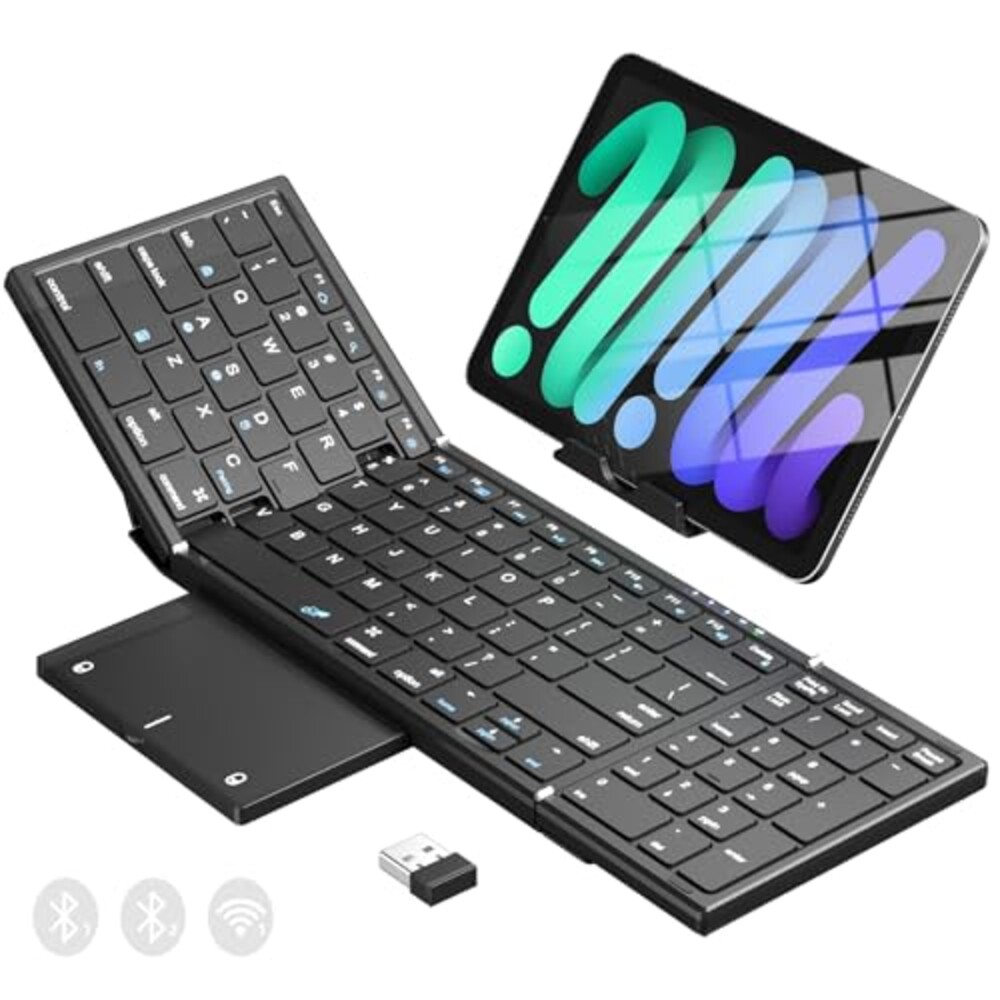 Foldable Bluetooth Keyboard with Touchpad & Number Pad, 3 Devices (2.4G+BTx2) Fold Portable Keyboard, Full Size Key Large Trackpad Wireless Travel Rechargeable Keyboards for Android Windows iOS Tablet