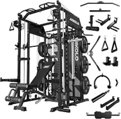 Mikolo Smith Machine with Weight Stack, Power Cage Home Gym System with LAT Pulldown & Cable Crossover, Multi-Functional Trainer with Dual Pulley System, Includes 10+ Free Attachments
