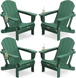 SERWALL Folding Adirondack Chairs Set of 4 with Cup Holder, Fire Pit -Green | Weather Resistant HIPS Adirondack Chair for Garden Outdoors Fire Pit Chairs, Patio Chairs with Wood Texture, SGS Tested