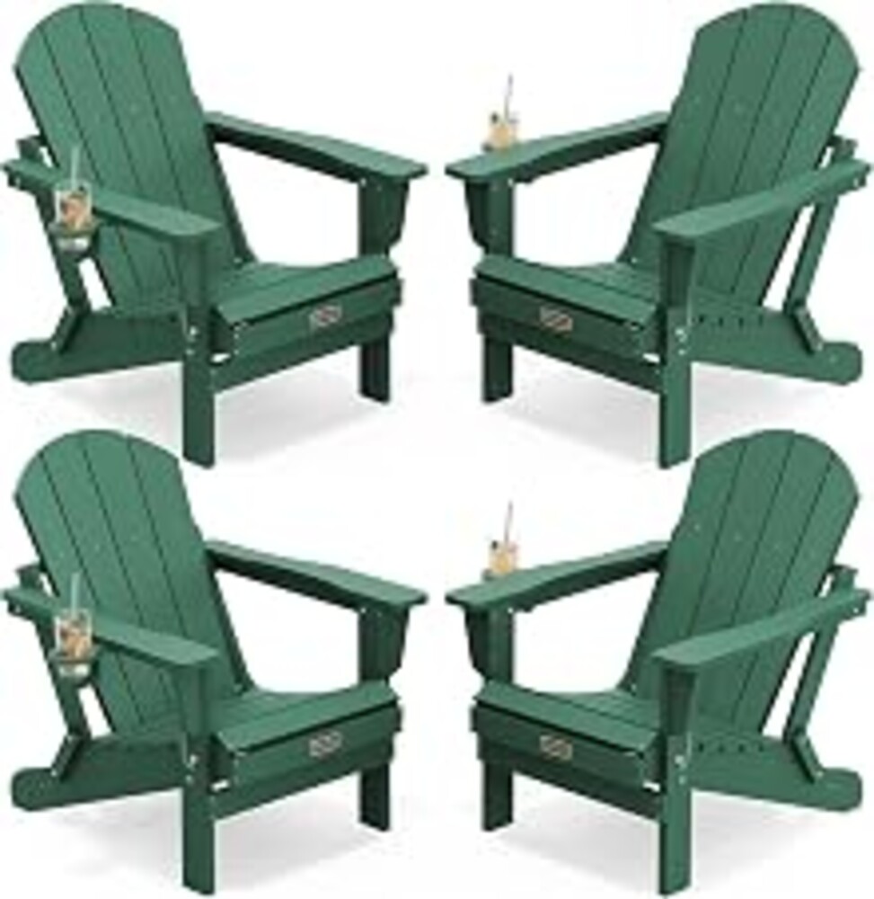 SERWALL Folding Adirondack Chairs Set of 4 with Cup Holder, Fire Pit -Green | Weather Resistant HIPS Adirondack Chair for Garden Outdoors Fire Pit Chairs, Patio Chairs with Wood Texture, SGS Tested