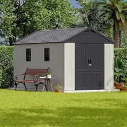 Patiowell 8x12 FT Resin Outdoor Storage Shed with Floor, Beige | Plastic Shed with 4 Windows, Lockable Door, For Garden, Backyard, Tool Storage Use, Easy to Install, Kick-it Shed
