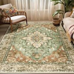 RELEANY Washable Area Rug, 5'x7', Brick/Brown/Green | Non-Slip, Water Repellent, Pet Friendly, Easy to Clean, Vintage Floral Boho Decor for Living Room Bedroom Dining Room Office
