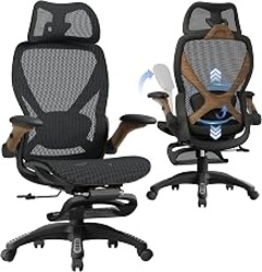 ELABEST X100 Ergonomic Mesh Office Chair with Footrest, Big and Tall Home Desk Chair with 5D Flip-Up Arms, Adjustable 3D Lumbar Support, Gaming & Executive Computer Chair (Library Oak)