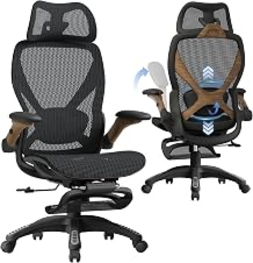 ELABEST X100 Ergonomic Mesh Office Chair with Footrest, Big and Tall Home Desk Chair with 5D Flip-Up Arms, Adjustable 3D Lumbar Support, Gaming & Executive Computer Chair (Library Oak)
