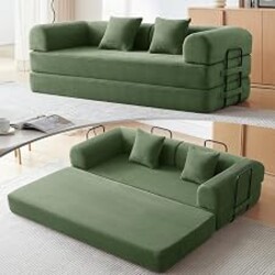 QQR 79" Convertible Futon Sofa Bed, Boneless Couch for Living Room (Green) | Corduroy Boneless Loveseat Sleeper Sofa, Modular Futon Couch with 2 pillow, Pull Out Couch No Assembly
