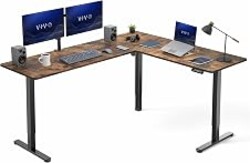 VIVO Rustic Vintage Brown 75 x 63 in Corner Standing Desk, DESK-E3CTN-75 | Electric, Holds 225 lbs, Large Reversible L-Shaped Table, Sit Stand, Height Adjustable, Memory Presets, Black Frame
