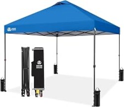 CROWN SHADES 10x10 Pop Up Canopy Tent,Outdoor Canopy,Blue | Patented CENTERLOK One Push Instant,Outdoor Canopy with STO-N-GO Bag,8 Stakes &4 Sand Bags,Waterproof,Vented,Beach,Camping