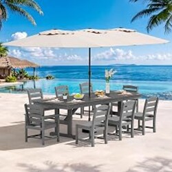 SERWALL 10Pcs 84" HDPE Outdoor Dining Set w/Armless Chair & Umbrella,Gray | All-weather HDPE Frame,6 Armless Chairs 2 Armchairs with an 84" Table, Umbrella ,Perfect for Outdoor Gathering