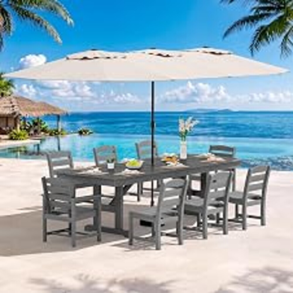 SERWALL 10Pcs 84" HDPE Outdoor Dining Set w/Armless Chair & Umbrella,Gray | All-weather HDPE Frame,6 Armless Chairs 2 Armchairs with an 84" Table, Umbrella ,Perfect for Outdoor Gathering