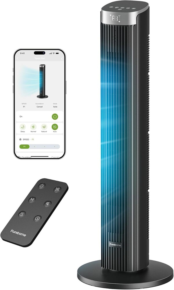 Tower Fan for Bedroom, 36" Smart Standing Fan with 90° Oscillating, APP & Voice Control, LED Display, 4 Modes 4 Speeds up to 25ft/s, 12H Timer, 23dB Quiet Fan for Cooling Home 1Pack, Black