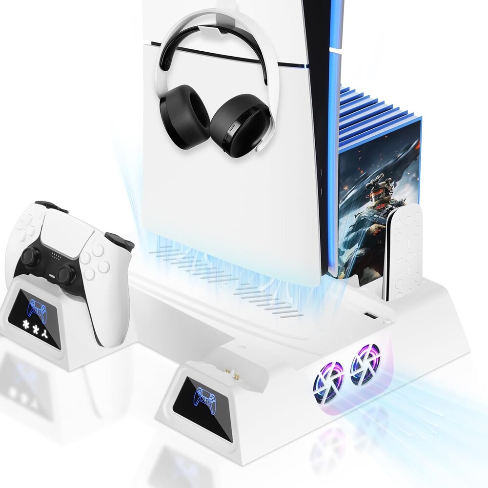 LENISUOLE PS5/Slim/Pro Stand and Cooling Station, with 3 Level Cooler Fan for PlayStation 5 Disc Digital Console, LED Dual Controller Charging Station, Headset Holder, Game Slot White