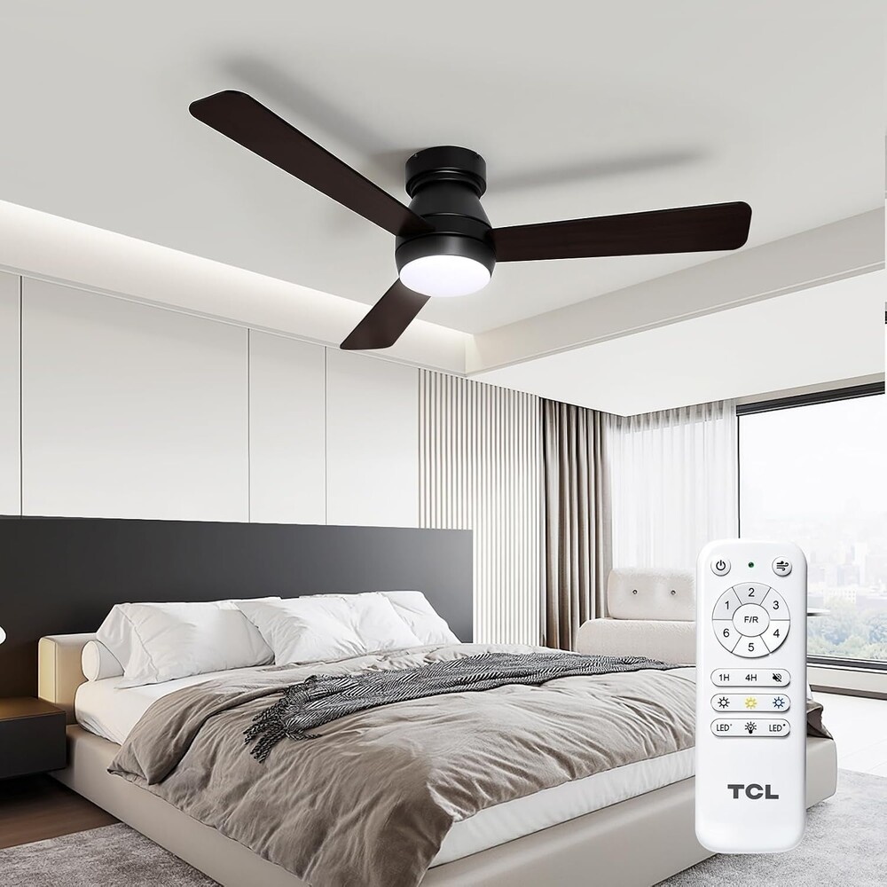 TCL Ceiling Fans with Lights, 42 inch 3 blades Low Profile and Remote Control, Reversible, Flush Mount, 3CCT, Dimmable, Noiseless, Black Ceiling Fan for Bedroom, Indoor/Outdoor Use (Black, 42 Inch)